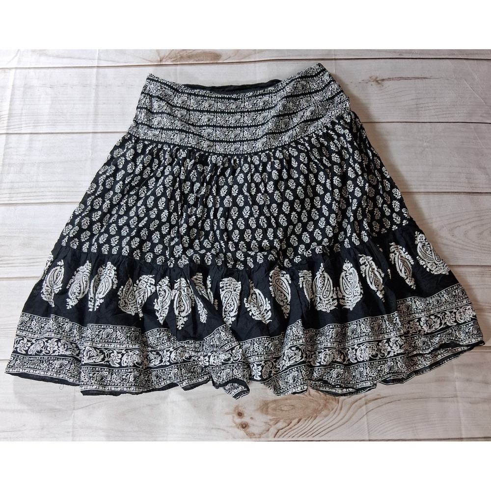 Chaps Tiered Skirt Womens 12 Black Cream Paisley Boho Broomstick Cotton Midi